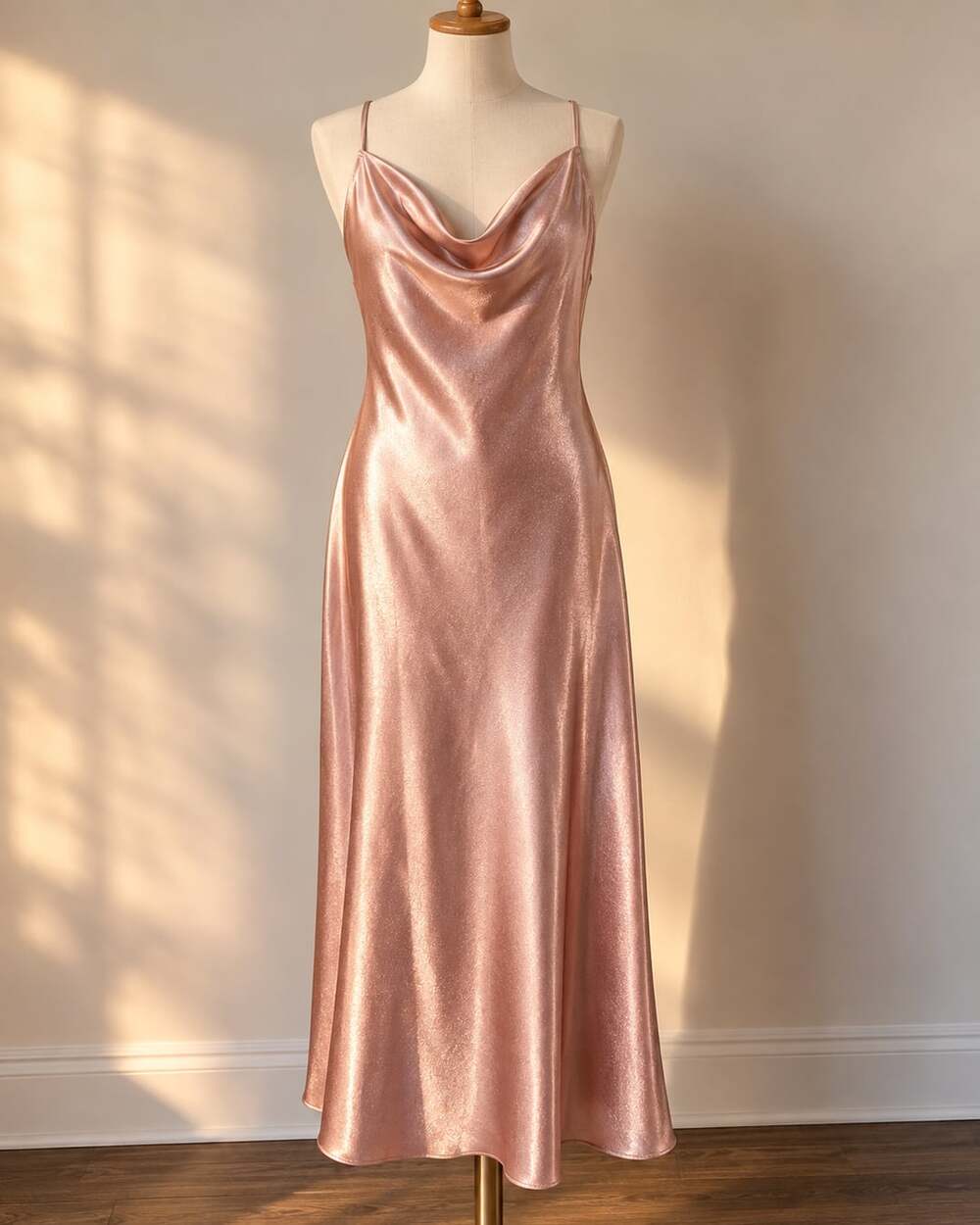 Birdy Grey Liza Rose Gold Metallic Satin Cowl Neck Slip Midi Dress S